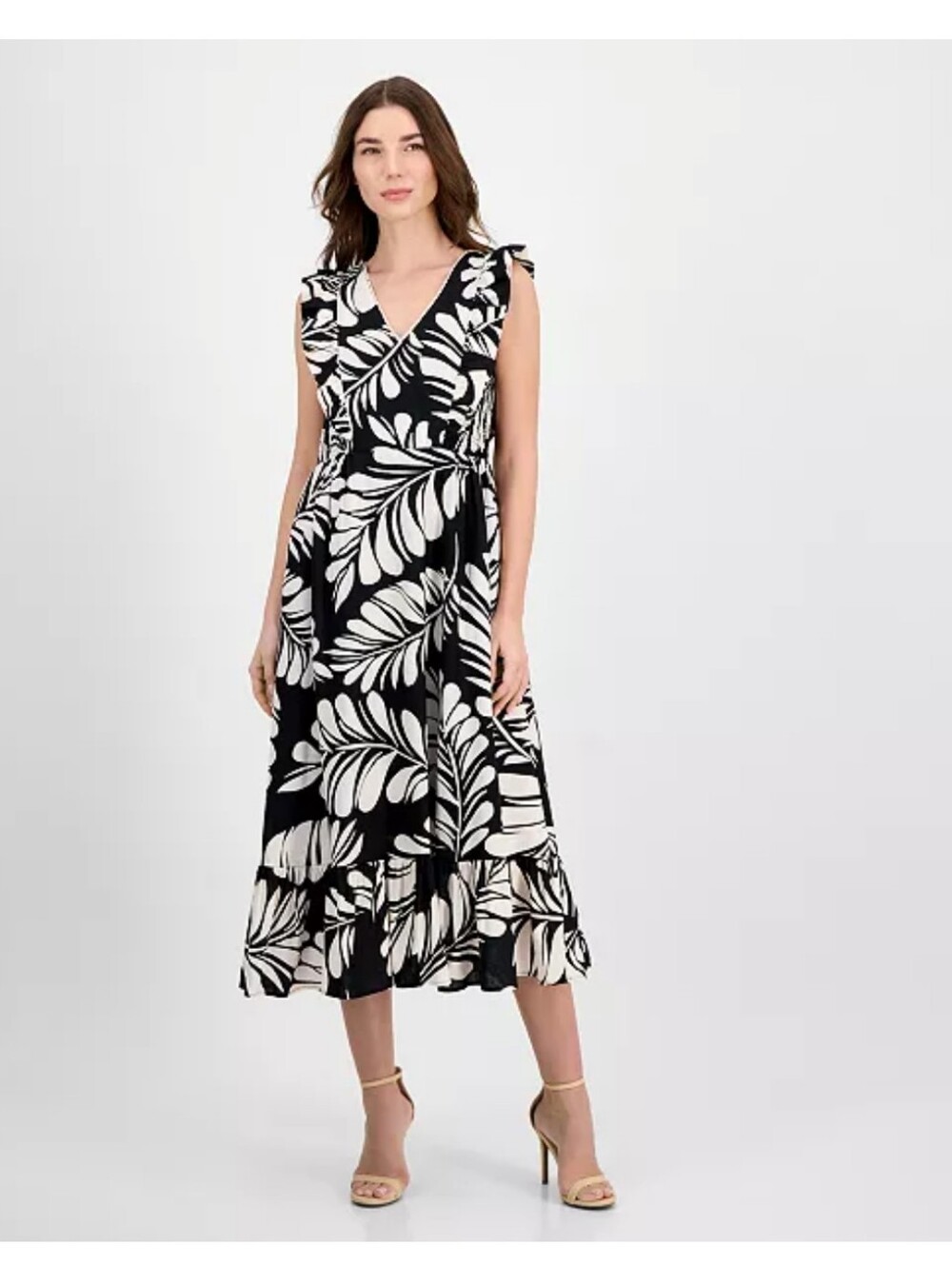 Anne Klein NWT 20W Black White Tropical Leaf Ruffle Maxi Dress $159 Tiered